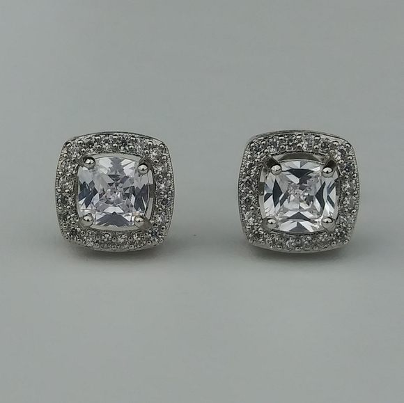 Jewelry - NEW Halo Cushion Cut Diamond Stud Silver UNISEX Earrings